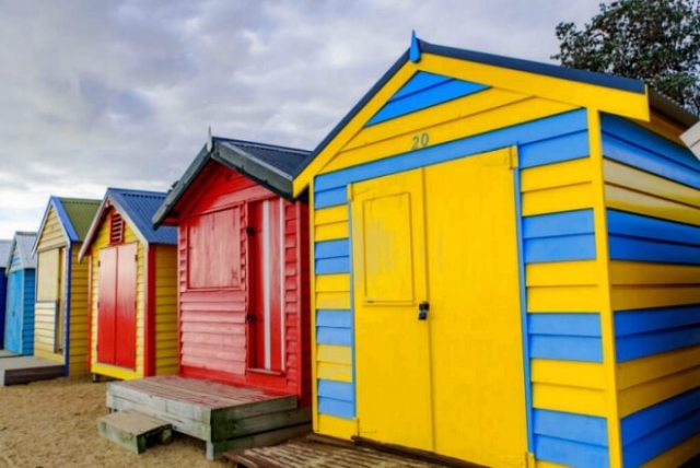 Brighton beach colourful bathing boxes